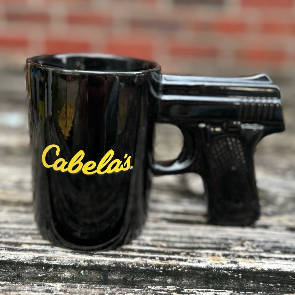 Cabela's Pistol Grip Handle Black Gold Logo Ceramic Coffee Mug Discontinued E5